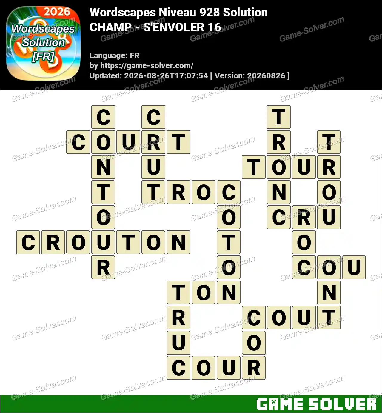 Wordscapes Français Niveau 928 Solution — CHAMP – S’ENVOLER 16